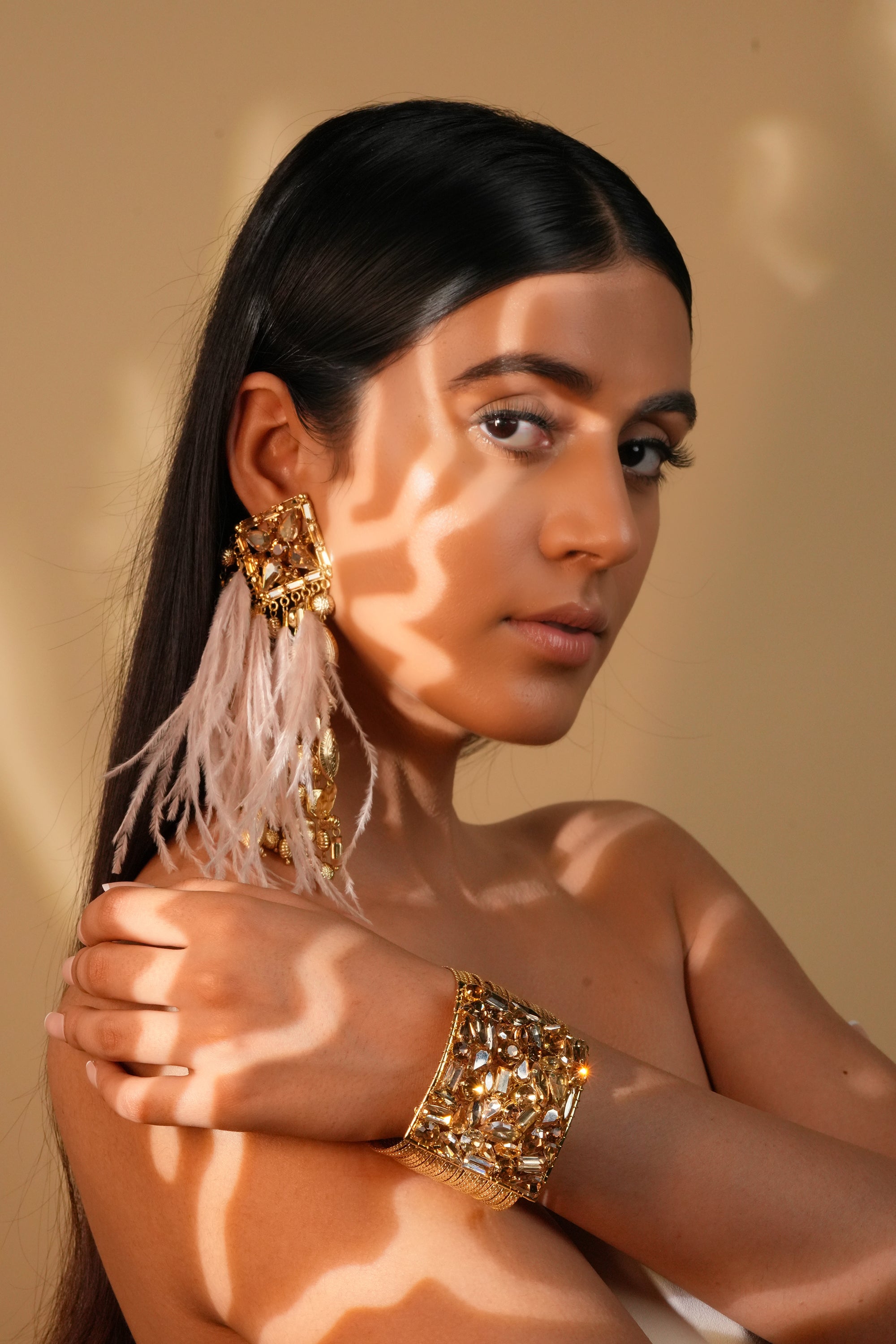 Gold Embellished Feather Earrings