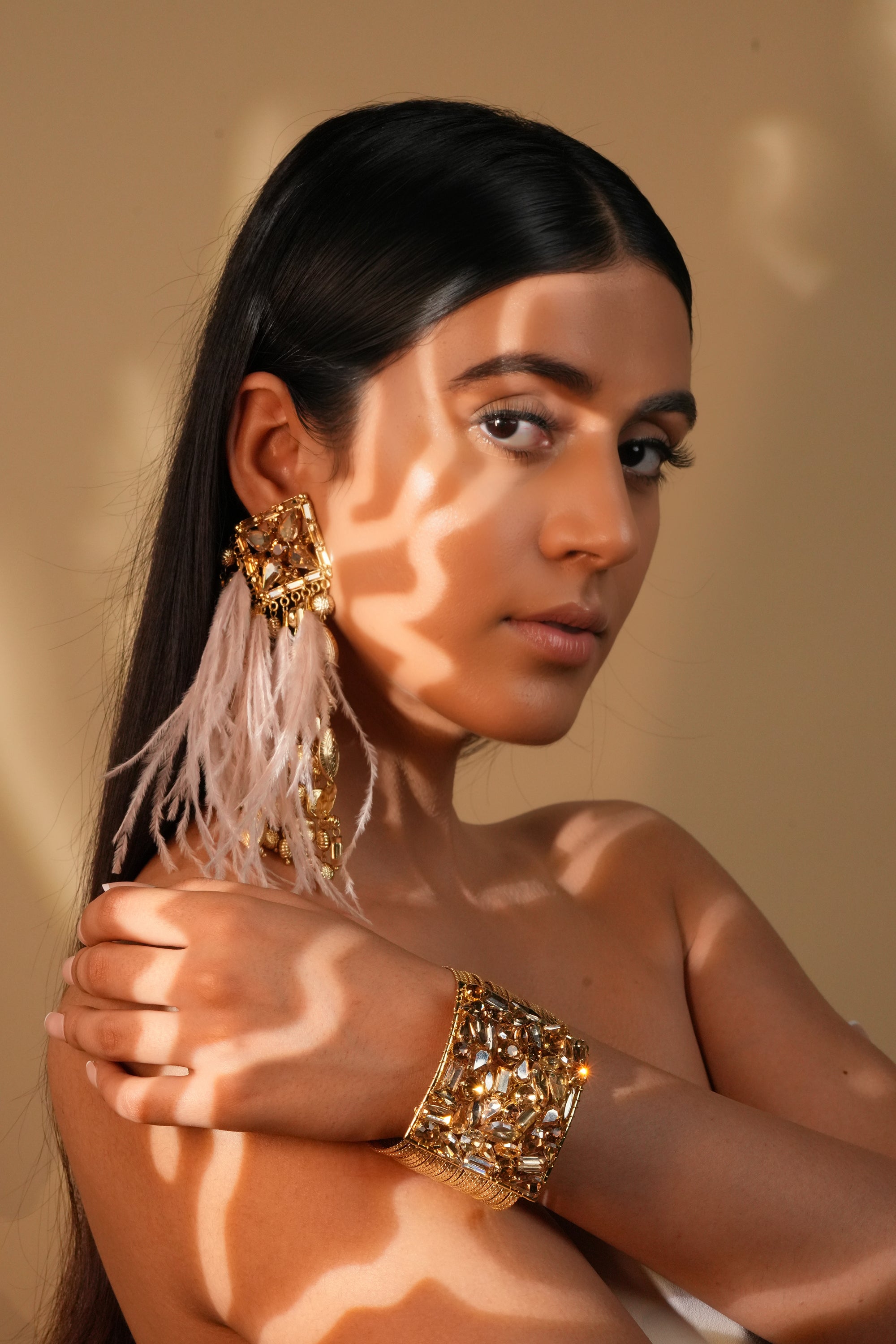 Gold Embellished Feather Earrings