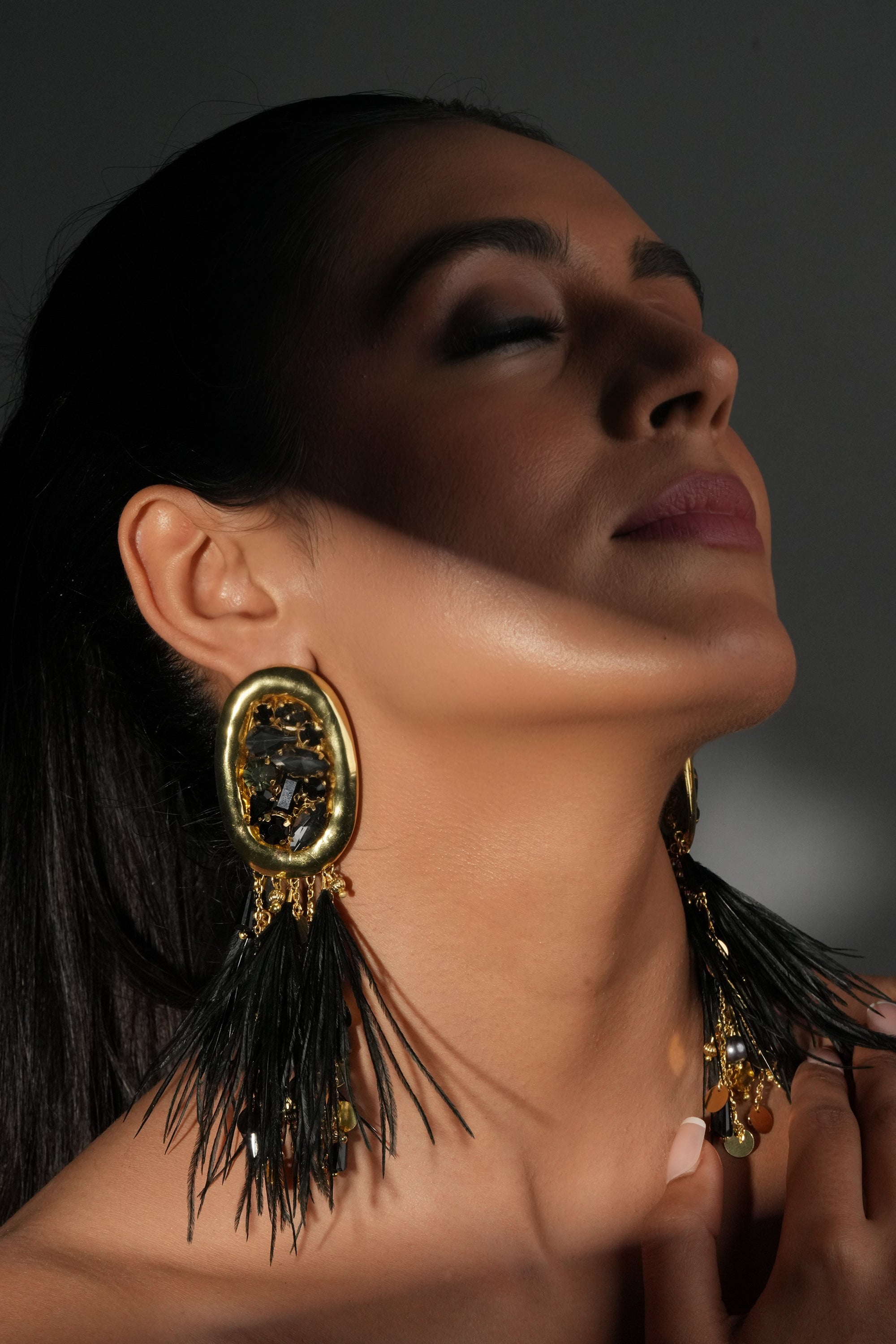 Black Feather Oval Earrings