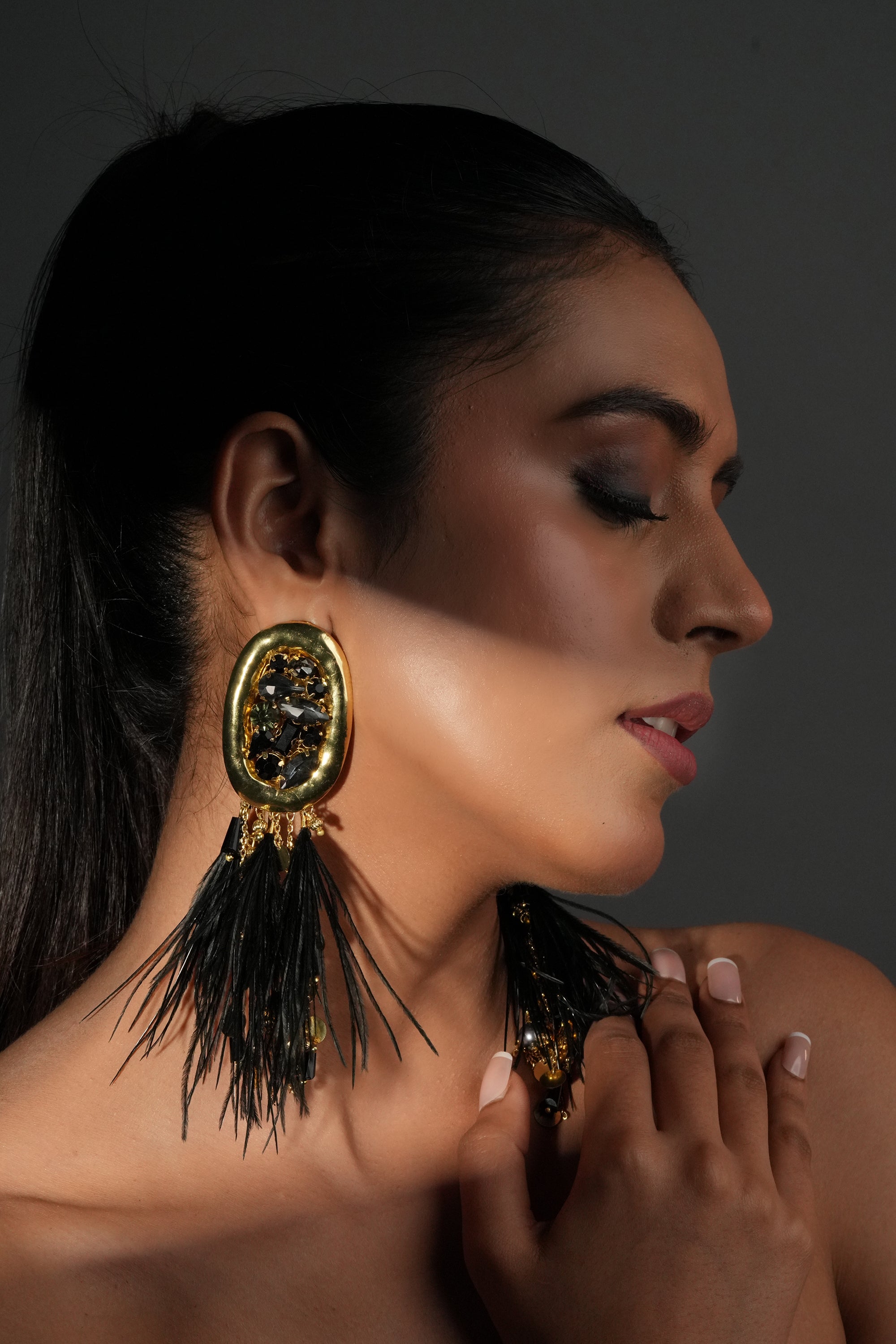 Black Feather Oval Earrings