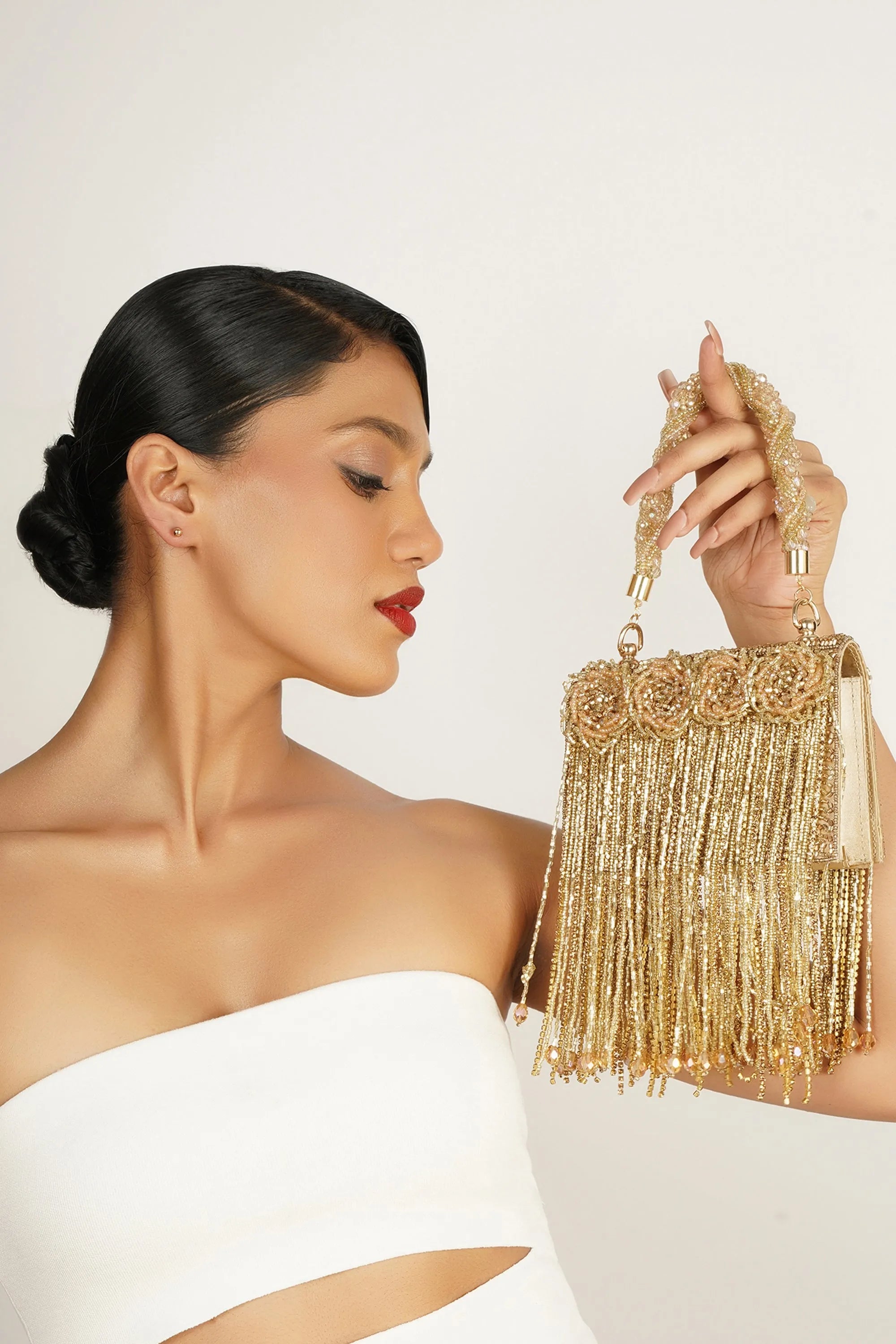 Gold embroidered box clutch