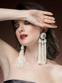 White Floral Tassel Earrings