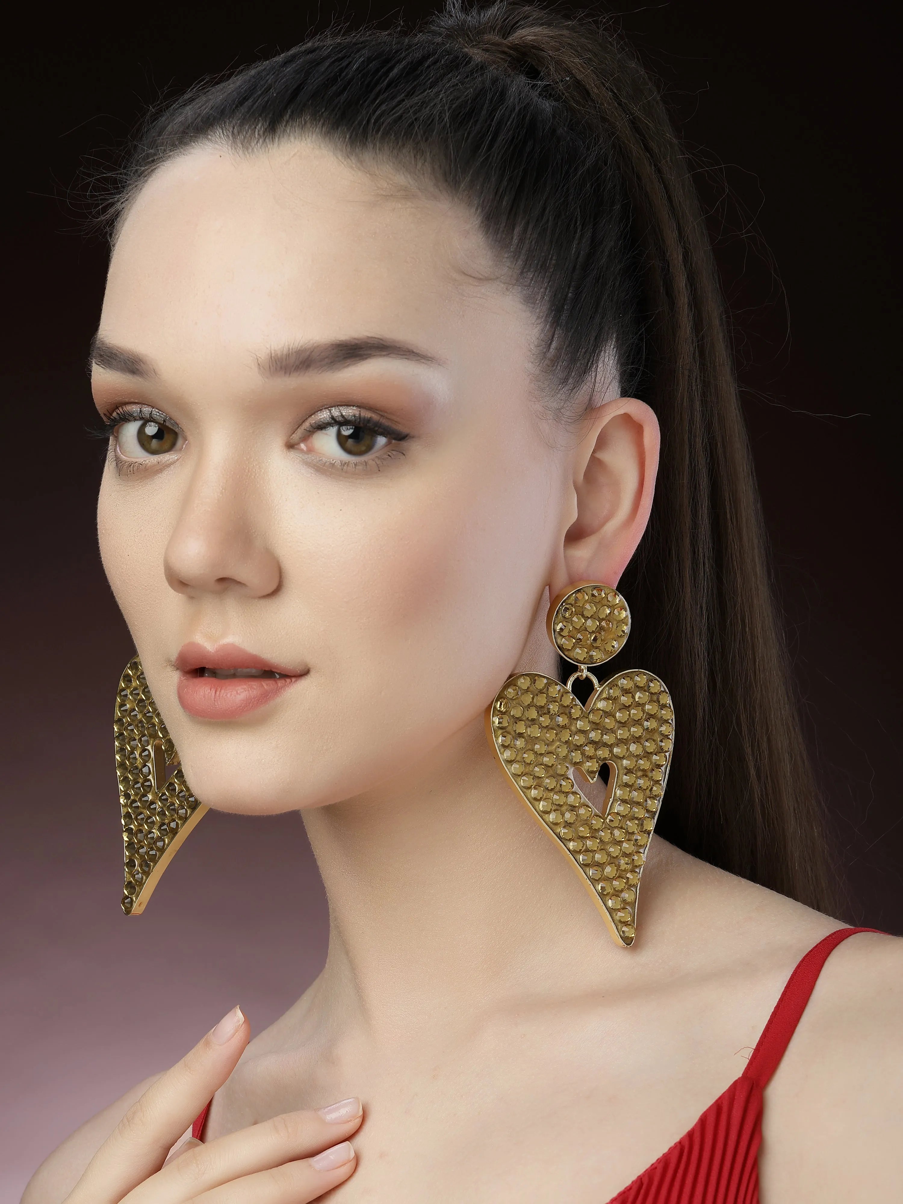 Gold Heart-Shaped Dangler Earrings