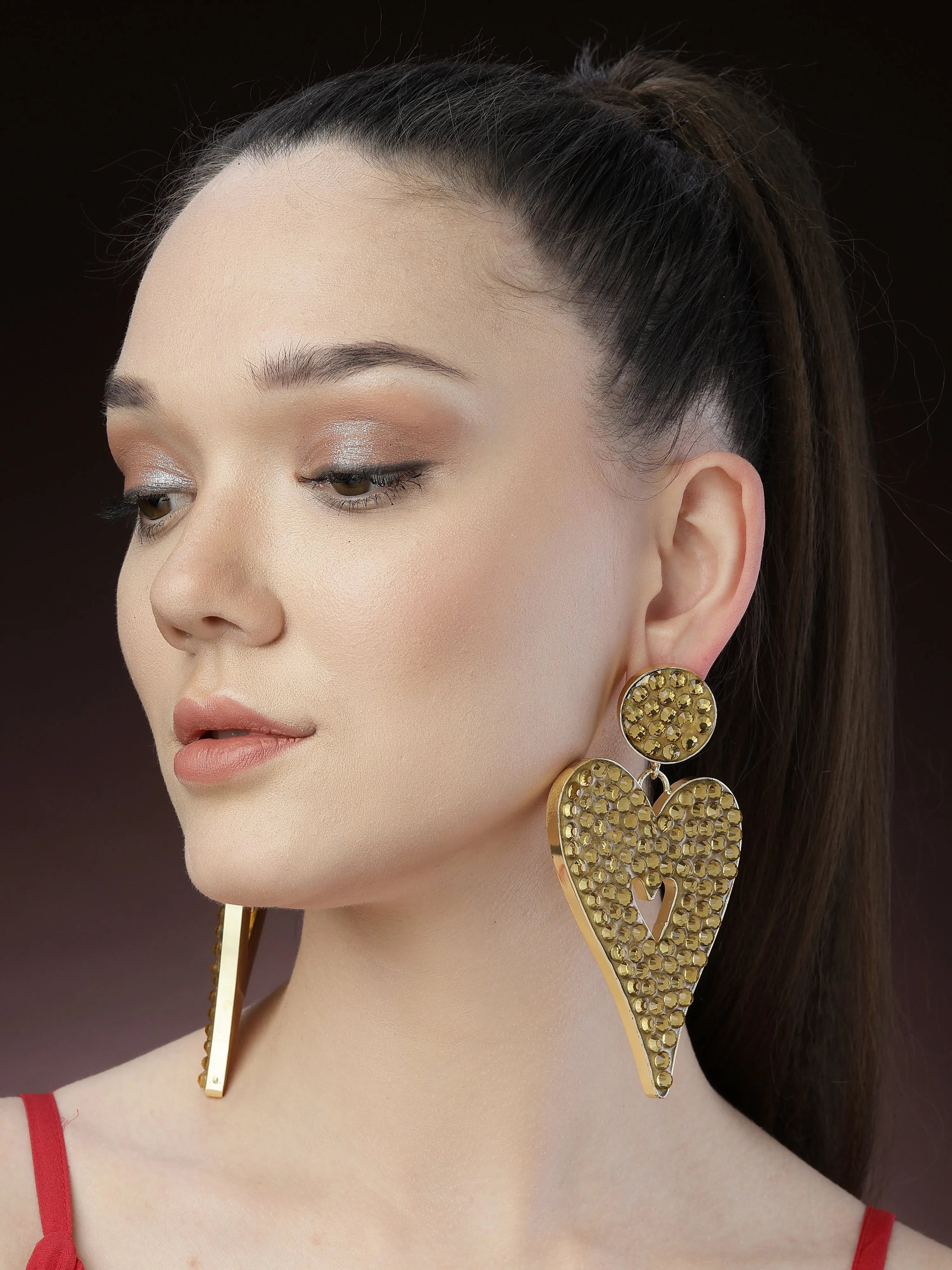 Gold Heart-Shaped Dangler Earrings