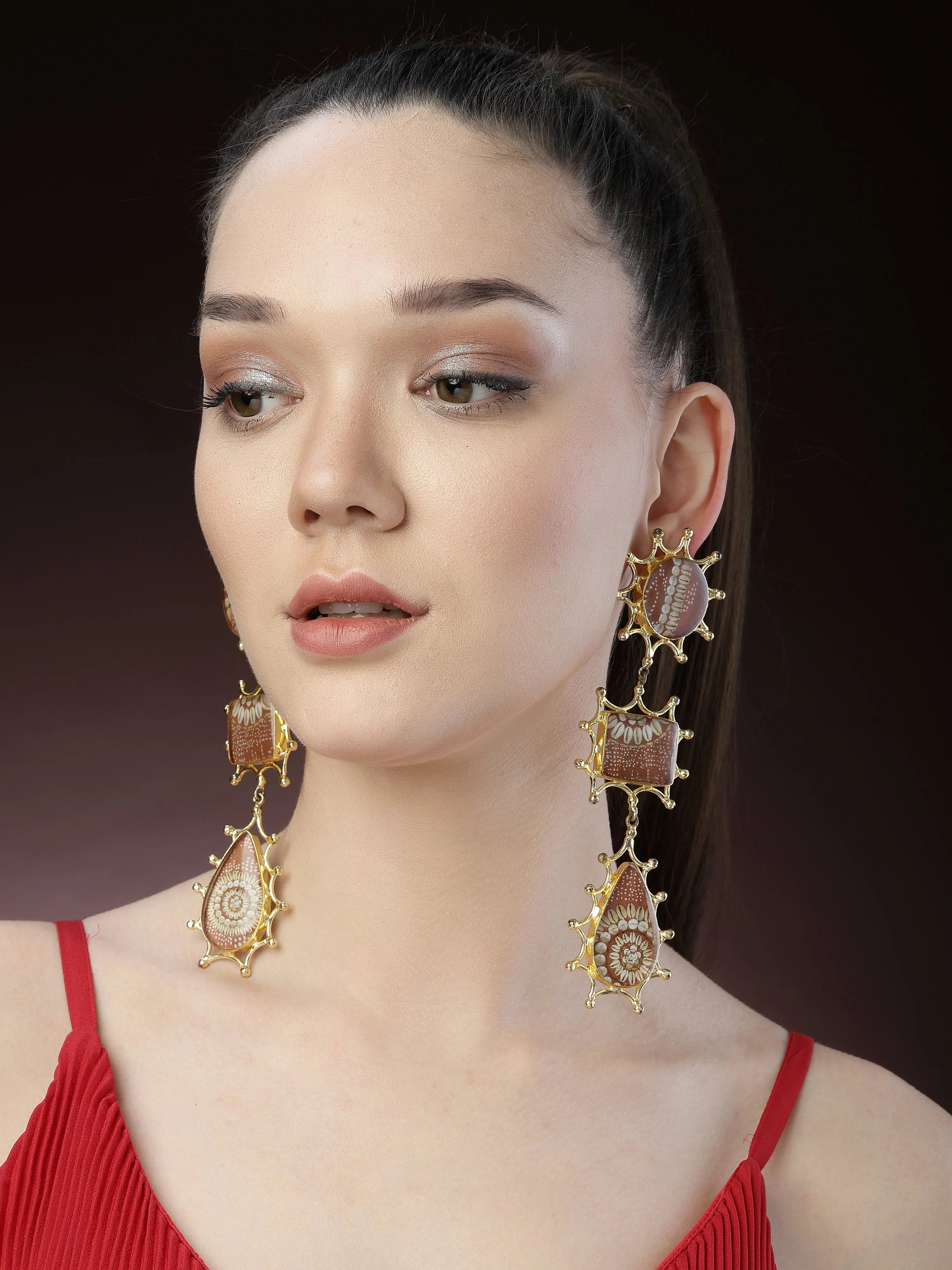 Gold Floral Print Drop Earrings