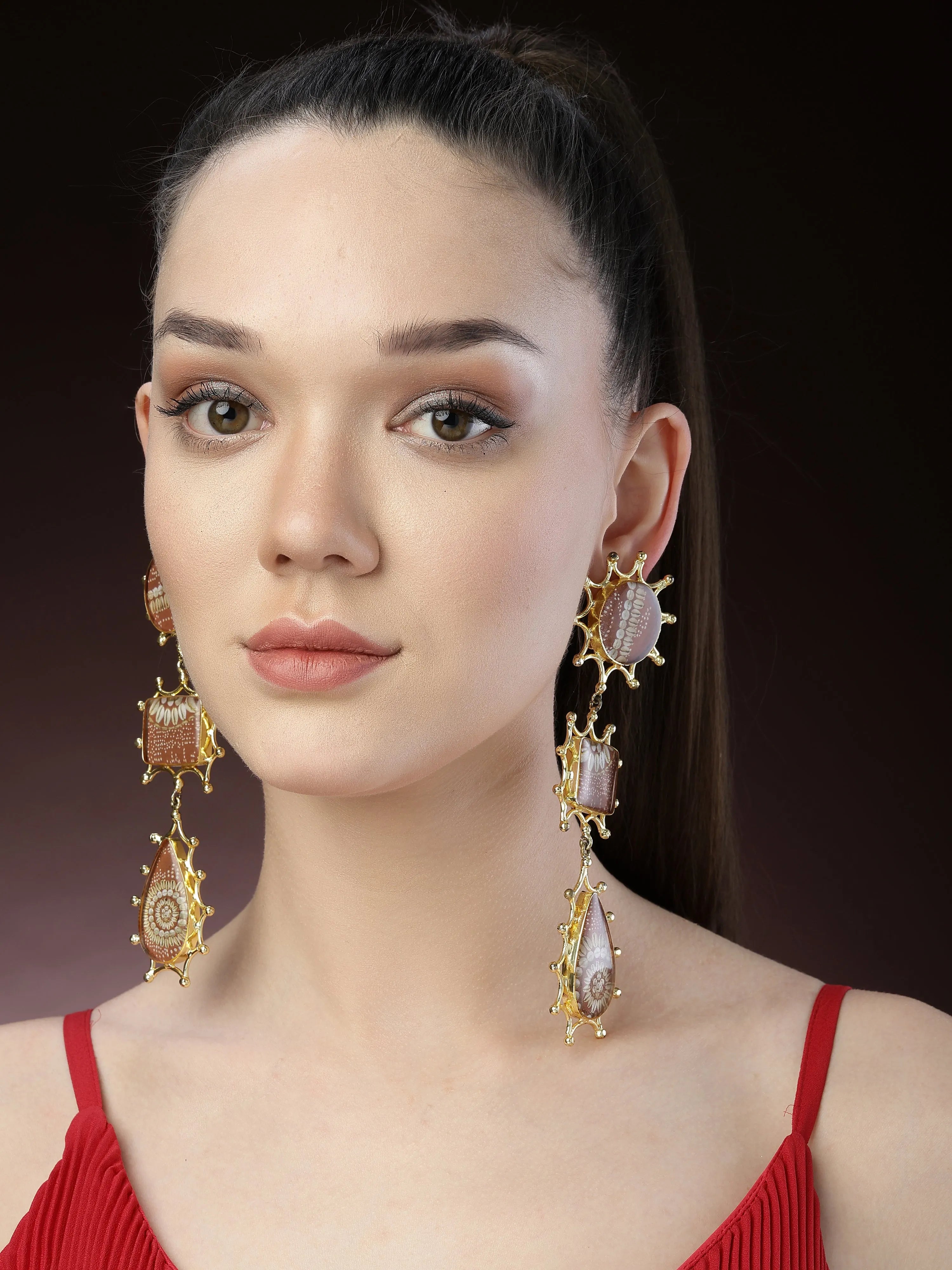 Gold Floral Print Drop Earrings