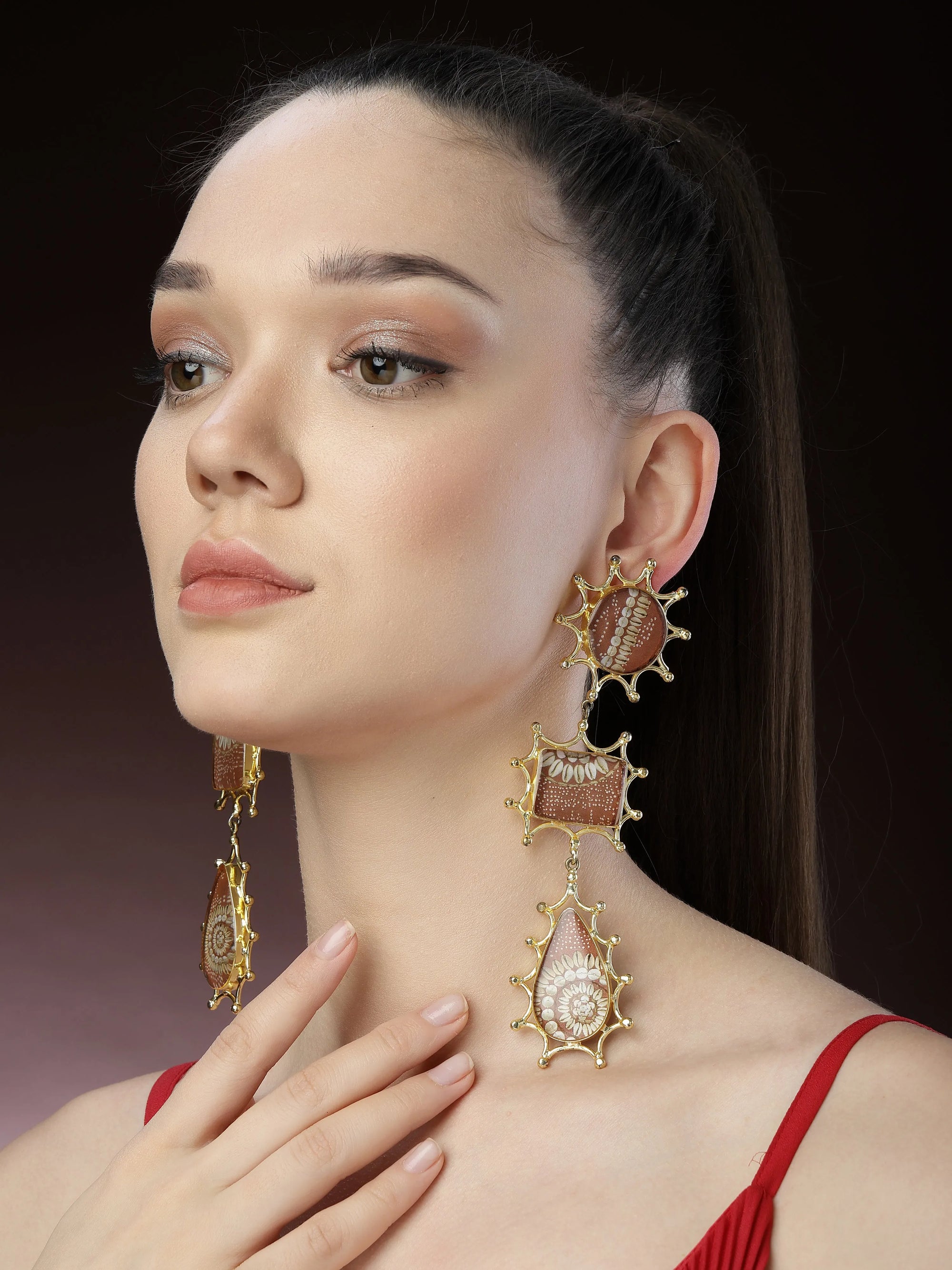 Gold Floral Print Drop Earrings