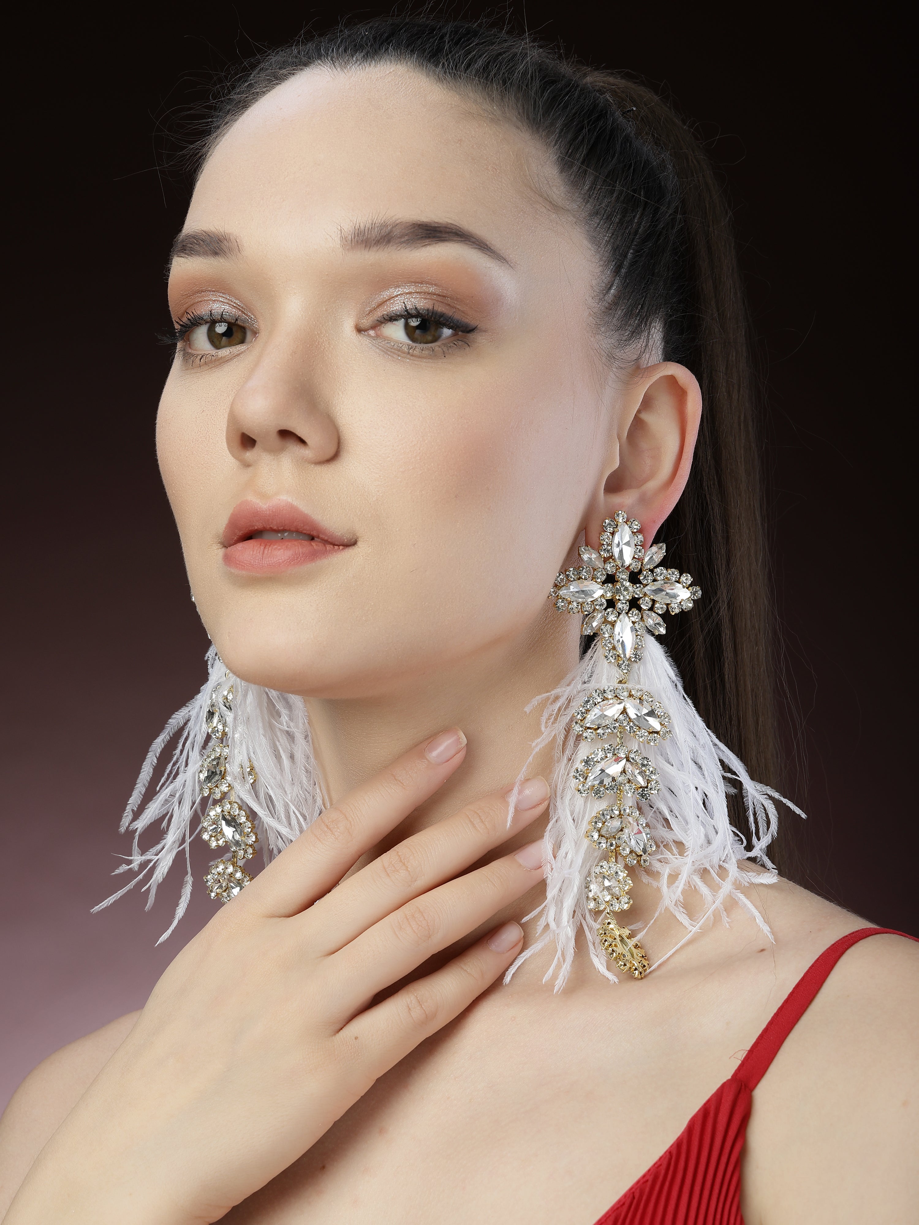 White Crystal Feather Earrings