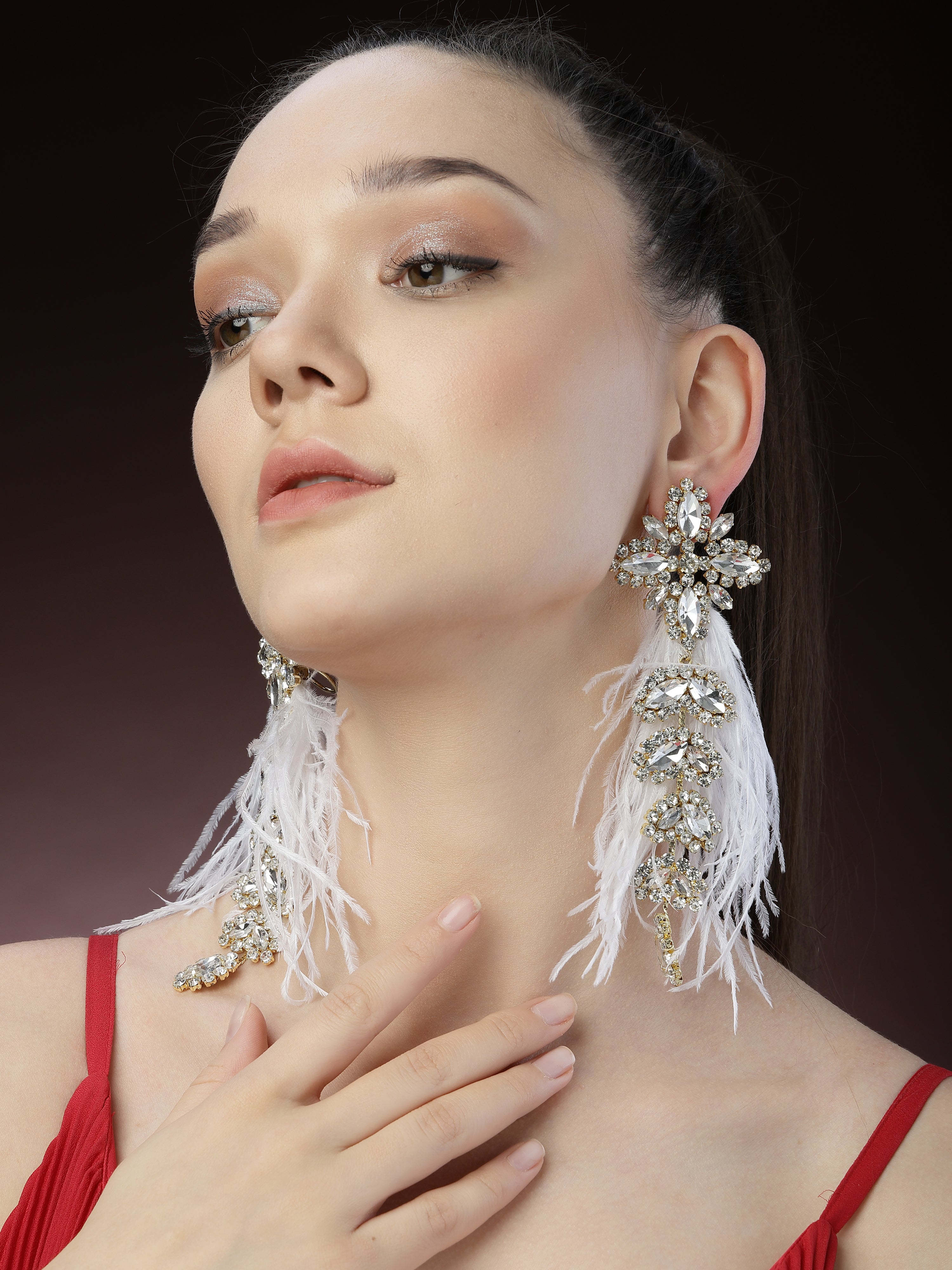 White Crystal Feather Earrings