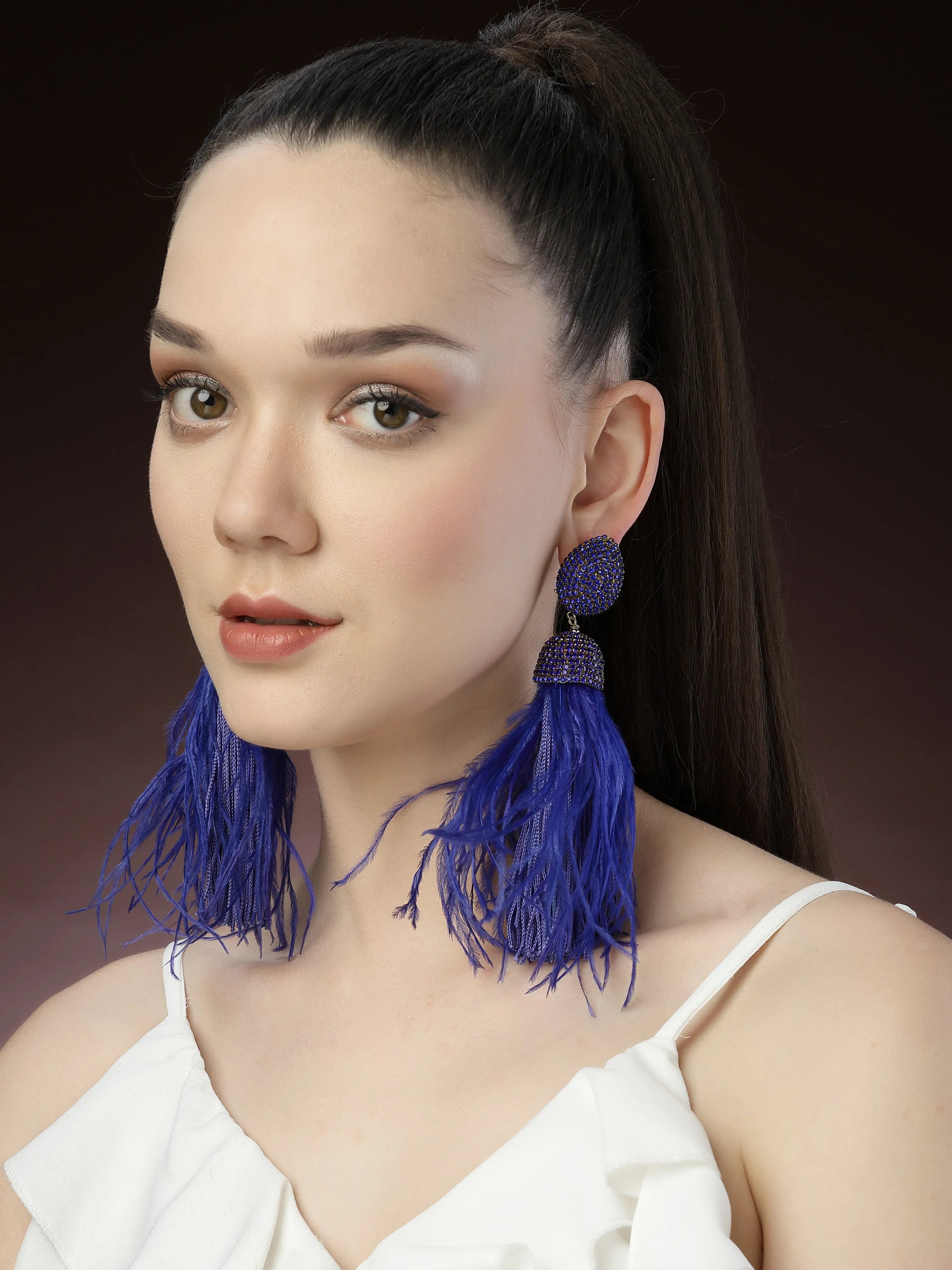 Blue Crystal Feather Earrings