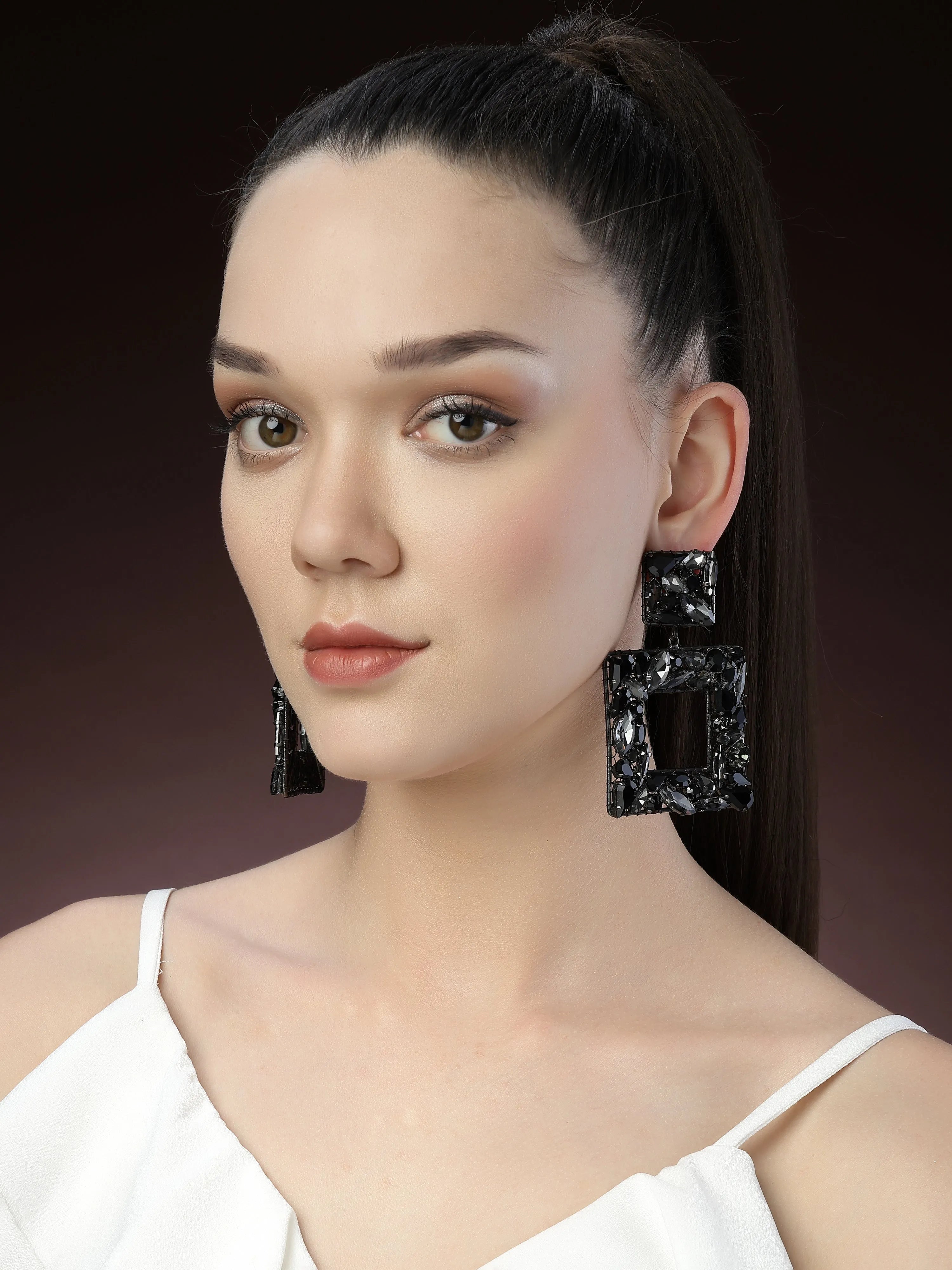 Double-Square Black Crystal Earrings