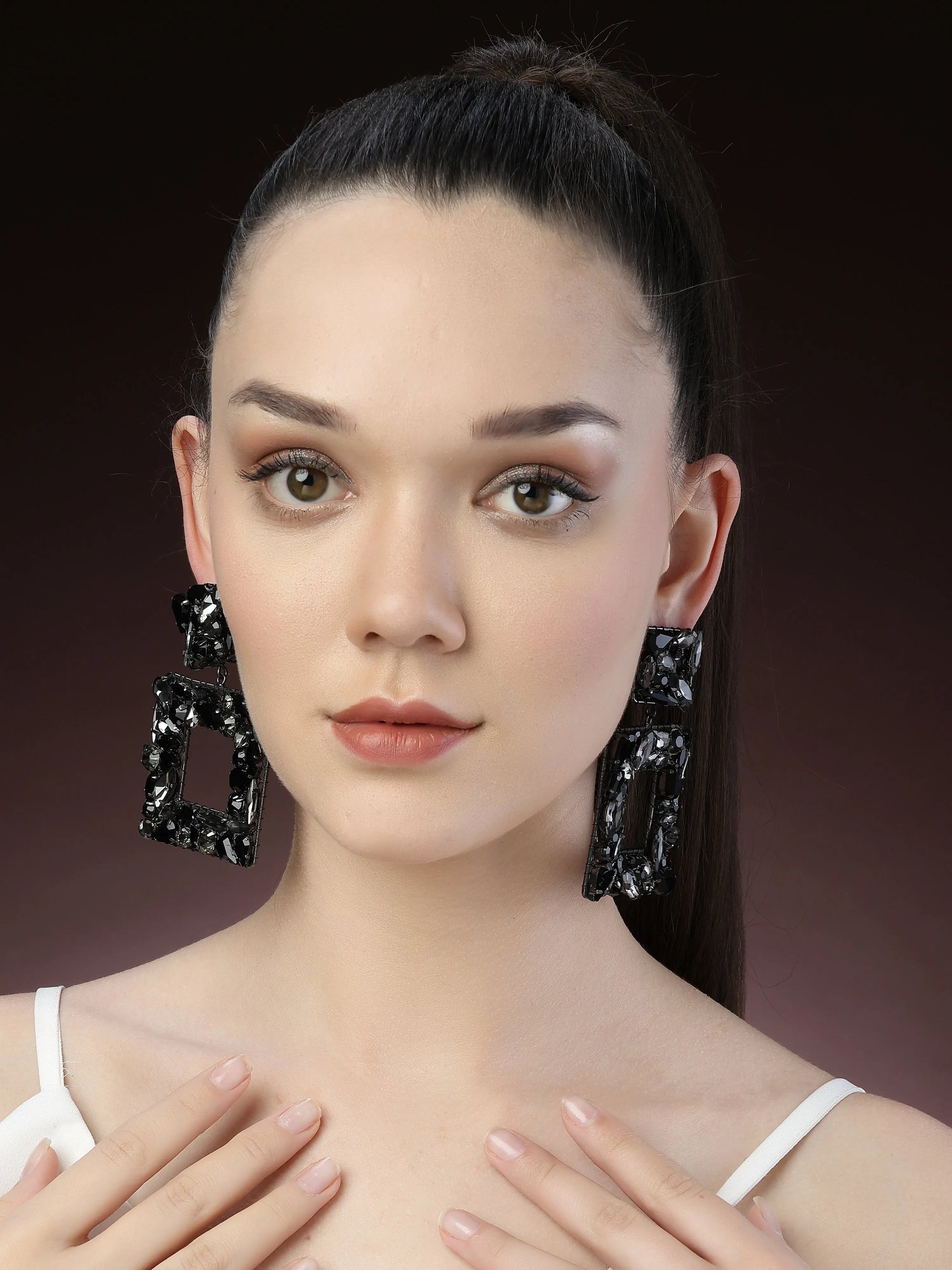 Double-Square Black Crystal Earrings