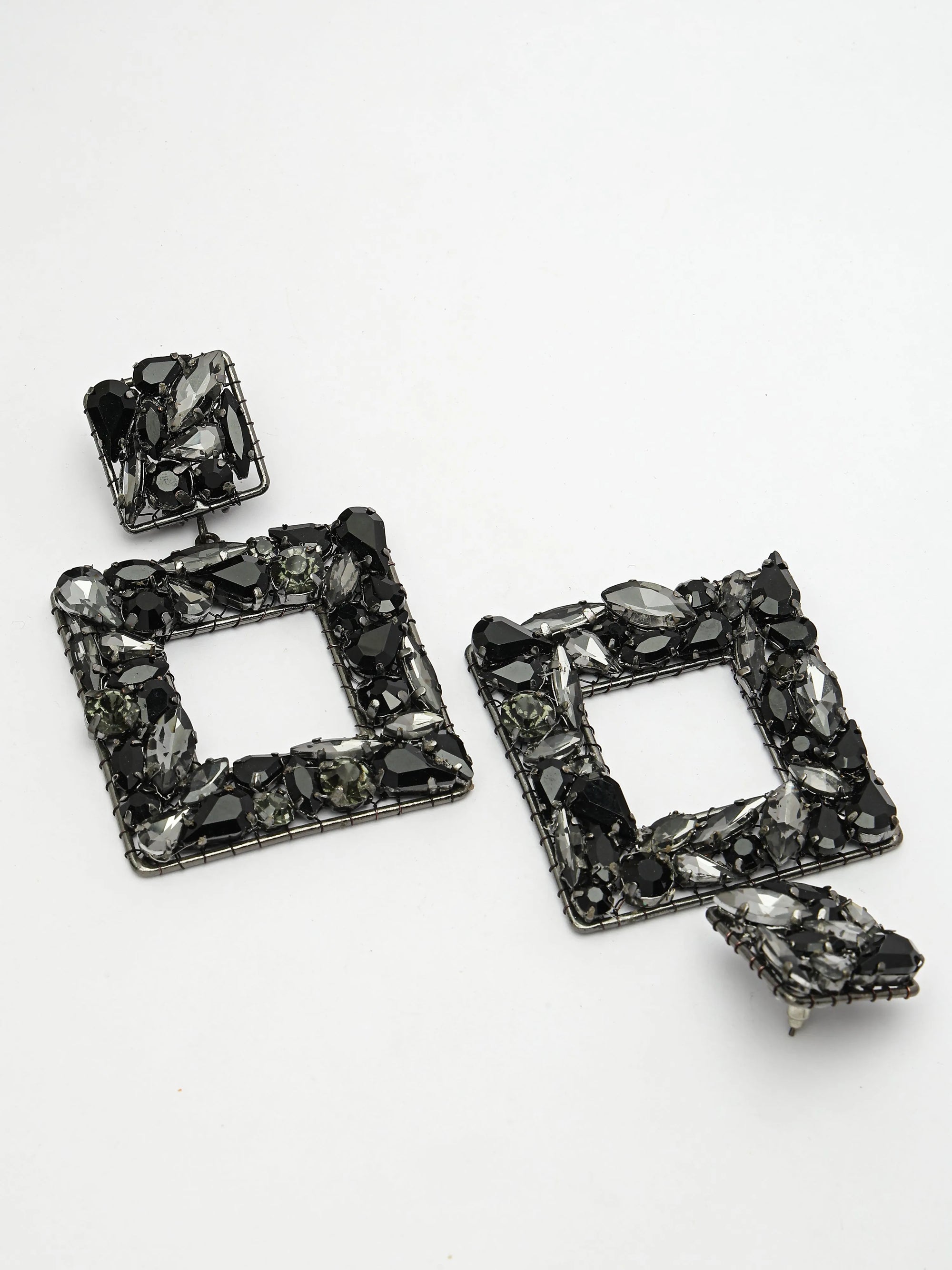 Double-Square Black Crystal Earrings