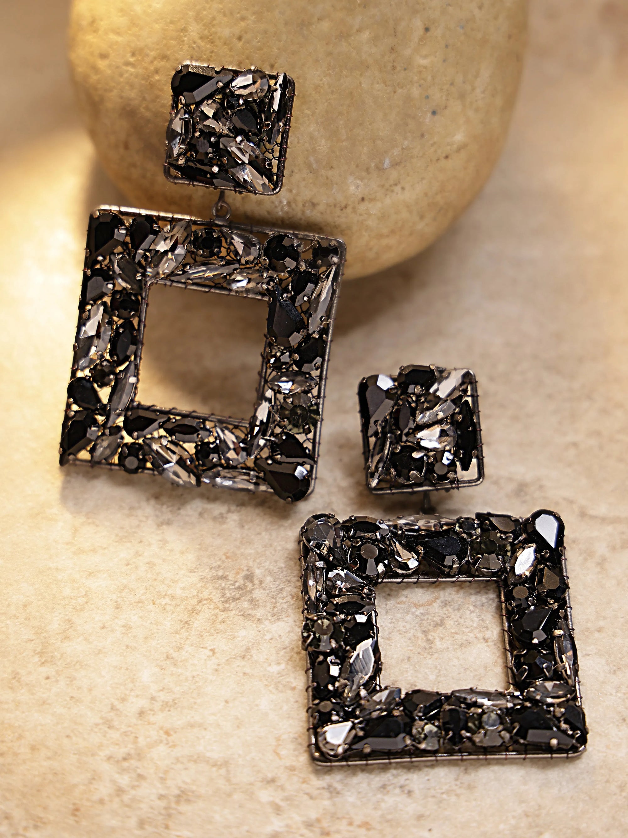 Double-Square Black Crystal Earrings