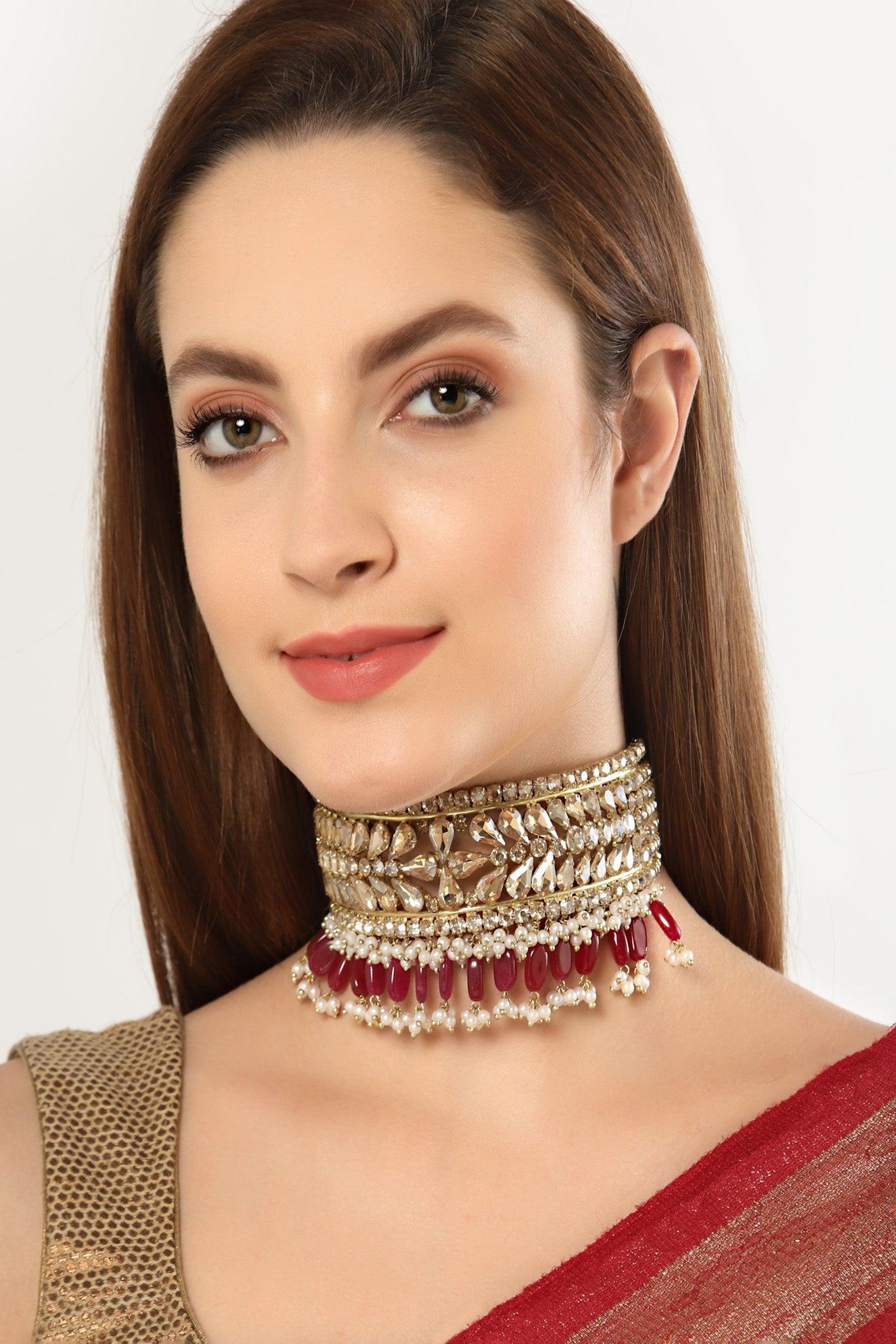 Crystal choker with semi precious stones (Red)