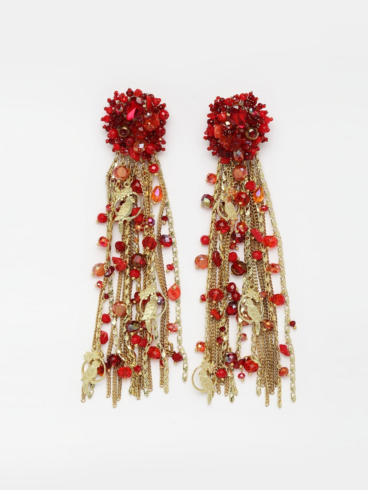 Red Beaded Waterfall Earrings