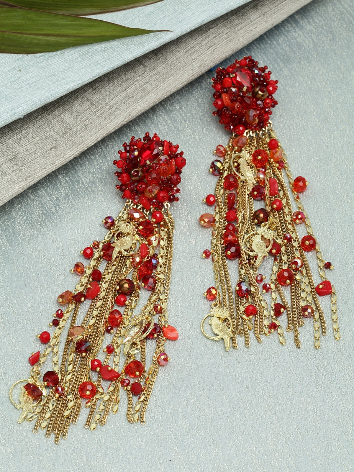 Red Beaded Waterfall Earrings