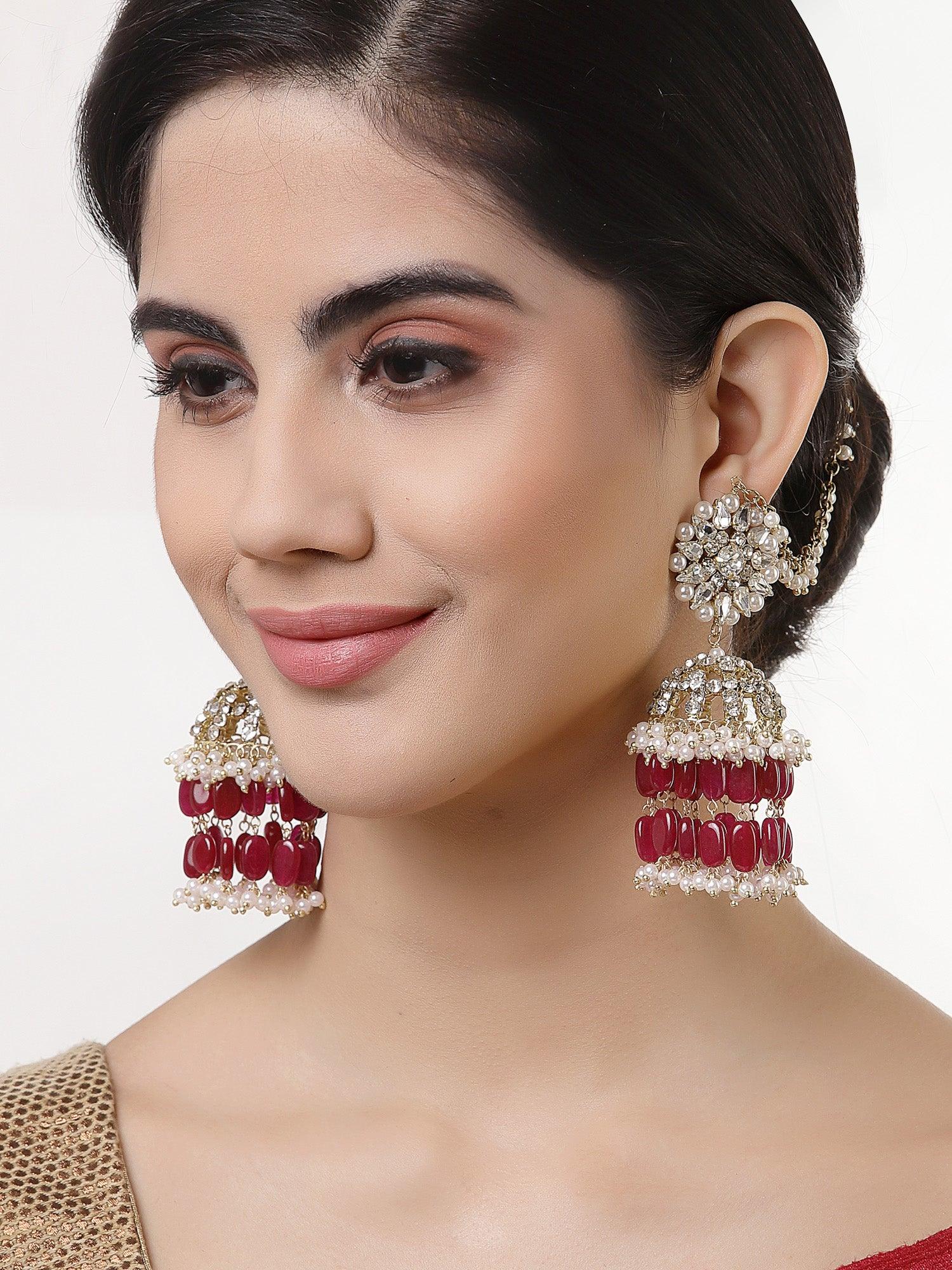 Red Chandelier Jhumkas with Hair Chain