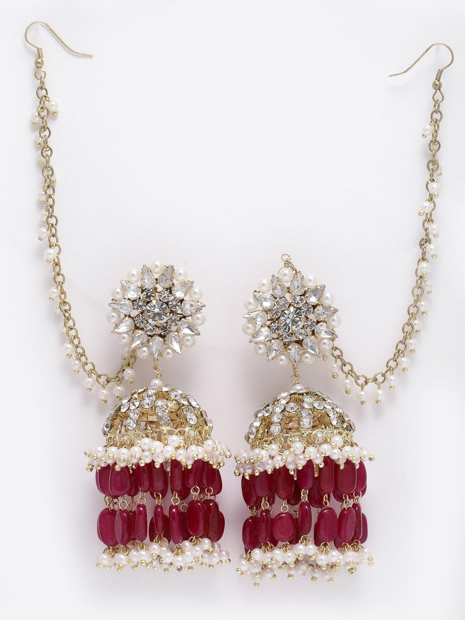 Red Chandelier Jhumkas with Hair Chain